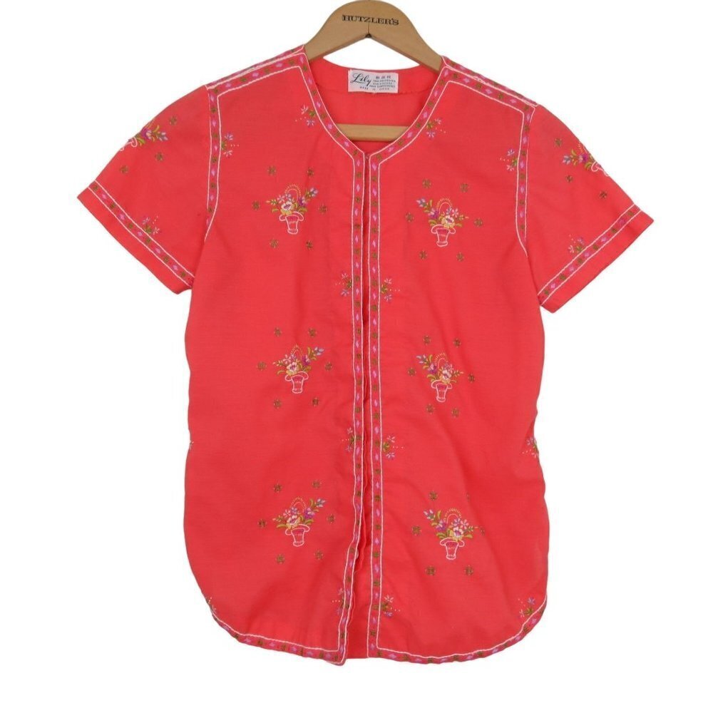 VINTAGE 60s Hand Embroidered Chinese Blouse Lily Orange Peach Short Sleeve Top B